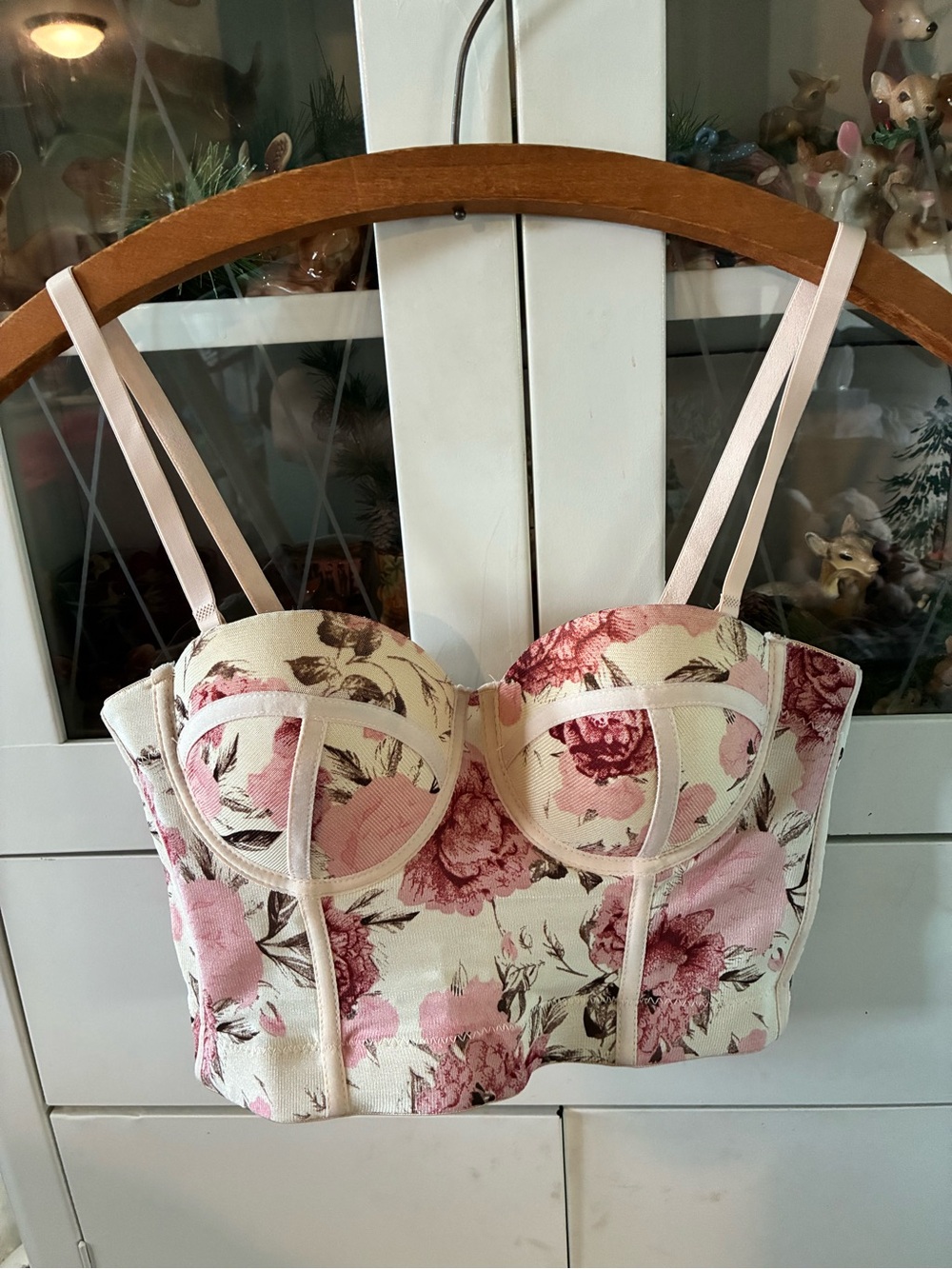 Kaylee Kollection sz M Floral Bustier Crop Top - Pink & Cream euc